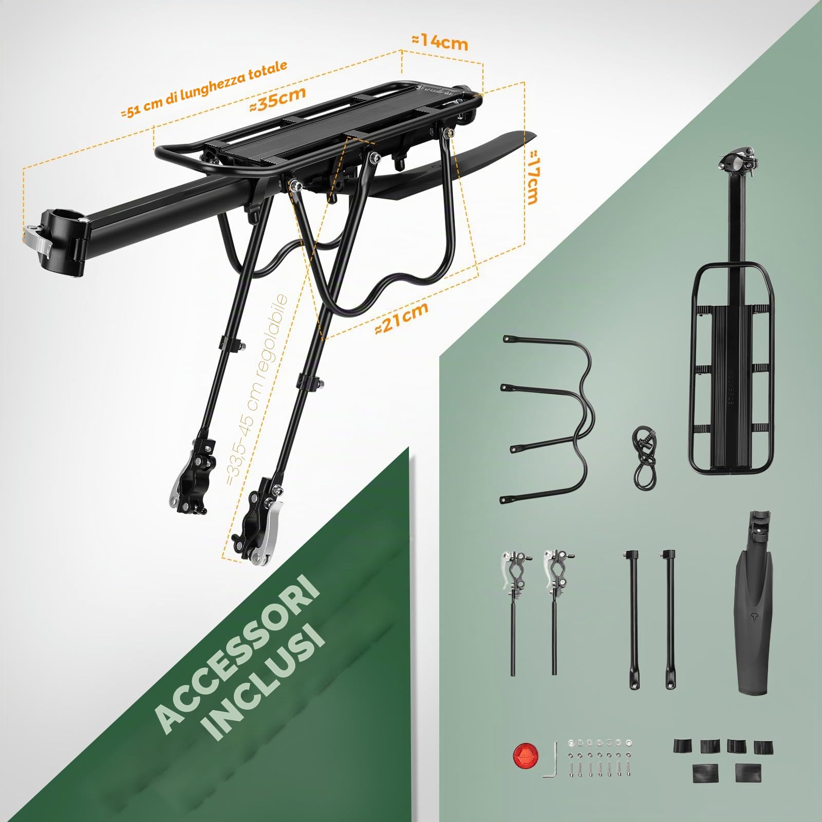 ROCKBROS Portapacchi Bici Alluminio Universle Regolabile per Bici MTB Portapacchi Posteriore Mountain Bike capacità Portata Massima 50kg Carrier Rack con Riflettore 24-29 Pollici