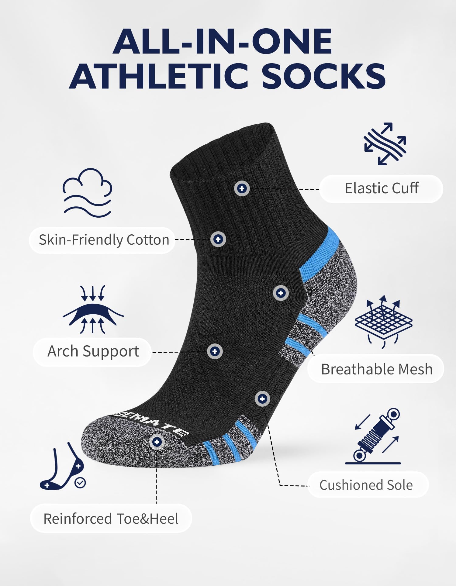 CLOSEMATE Calcetines Deporte Hombre Tobilleros 6 Pares Acolchados Algodón Transpirables Antiampollas Running Negros Blancos 39-42 43-46 47-50