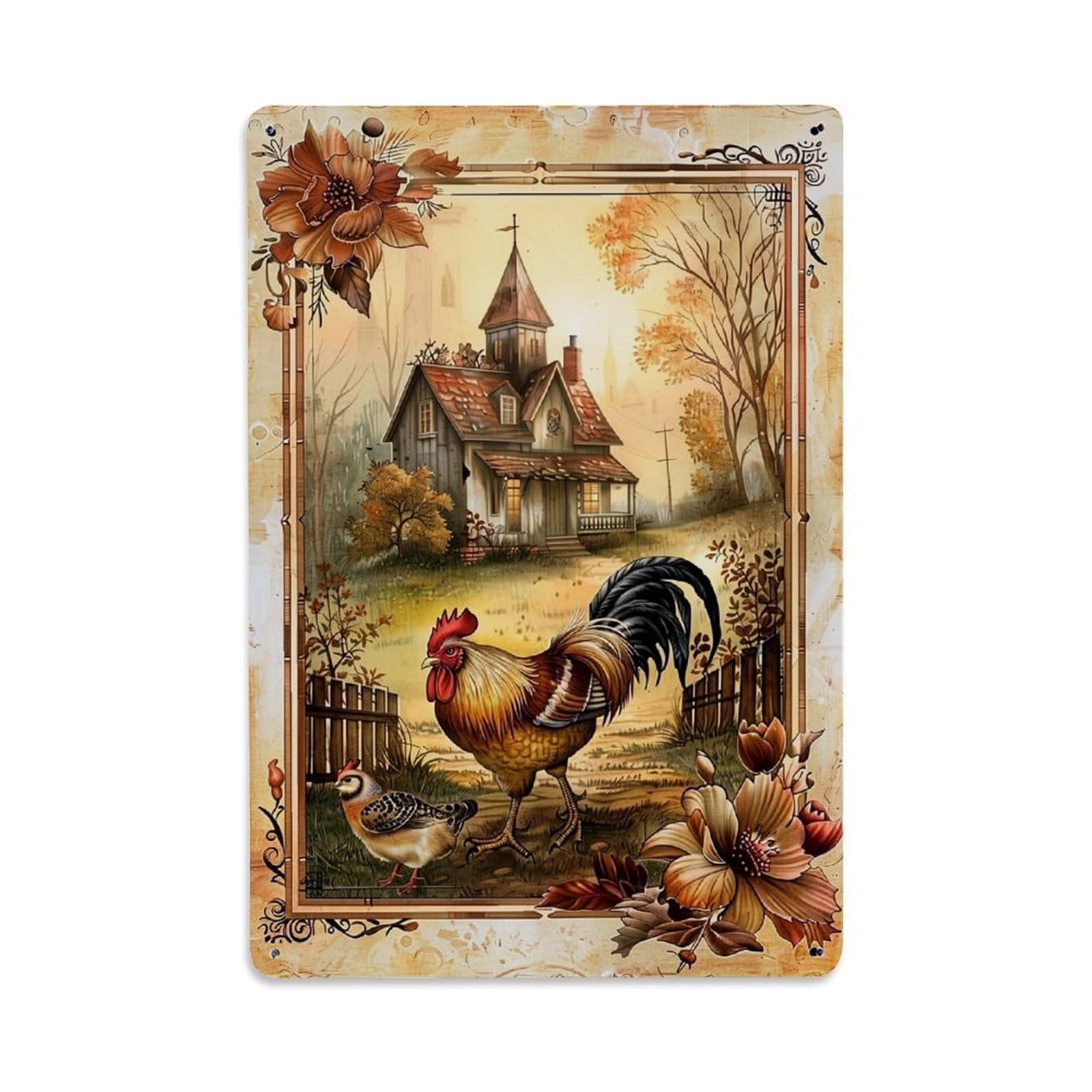 Nestemfo Vintage Rooster Hen Autumn House Scene Tin Sign Metal Sign, Living Room,Bar, Home, Bedroom Wall Decor,Retro Metal Poster 8X12 Inches