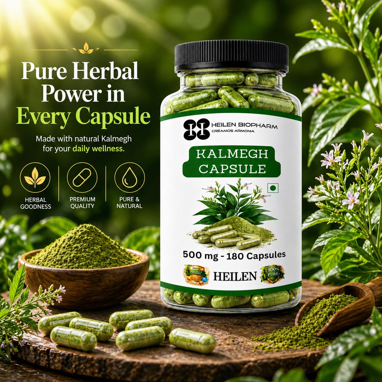 Heilen Biopharm Kalmegh Capsules 500mg (180 Capsules) | Kalmegh Herb (Andrographis paniculata) Ayurvedic Supplement | Supports Liver Wellness & Immunity | Vegetarian Capsules — Amazon image 3