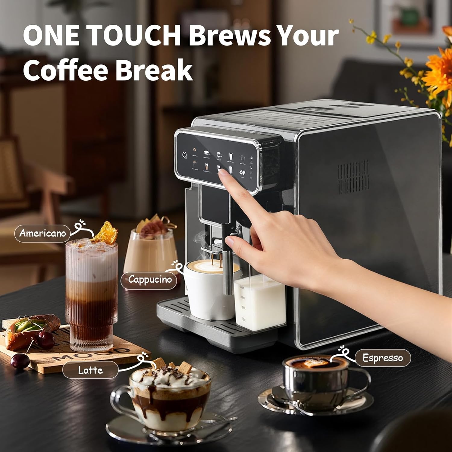 Automatic Espresso Machine with Grinder and Milk Frother - Super Expresso Coffee Machines with 7 One-Touch Coffee Recipes for Latte, Cappuccino, Americano, Iced and Hot Coffee (Grey)