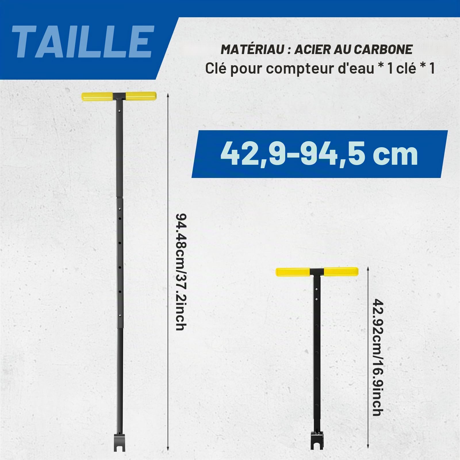 Clé de compteur d'eau avec outil 4 voies en acier au carbone en forme de T - 43 à 94 cm - Longueur réglable - Clé universelle pour l'entretien des conduites d'eau et des vannes - Jaune