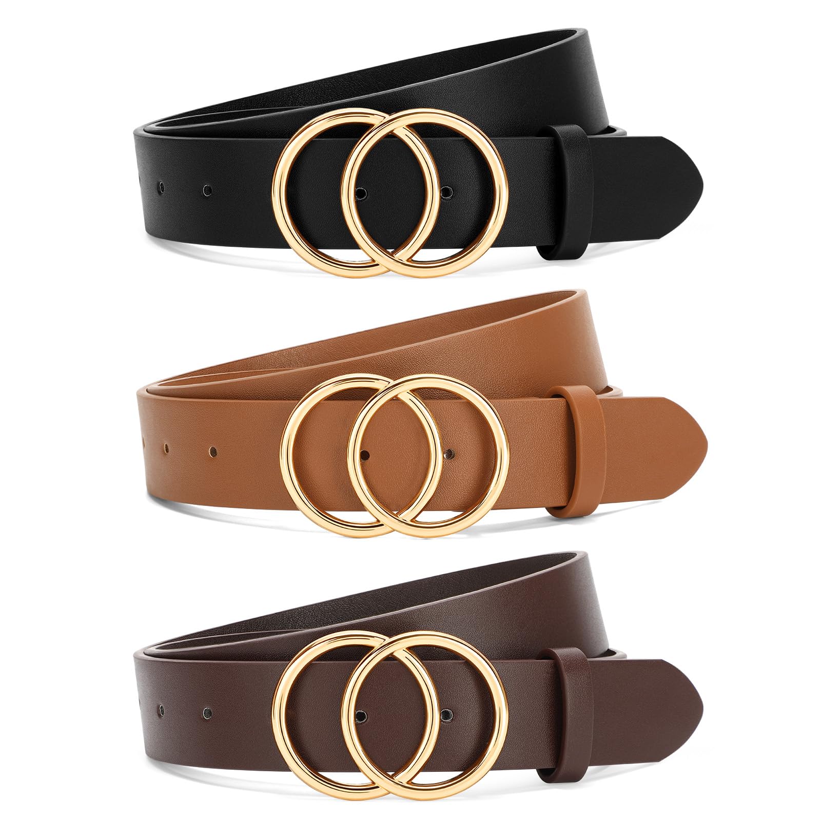 SANSTHS 3 Pack Women Waist Belts for Jeans Pants Dresses, Ladies Belt with Double O-Ring Gold Buckle