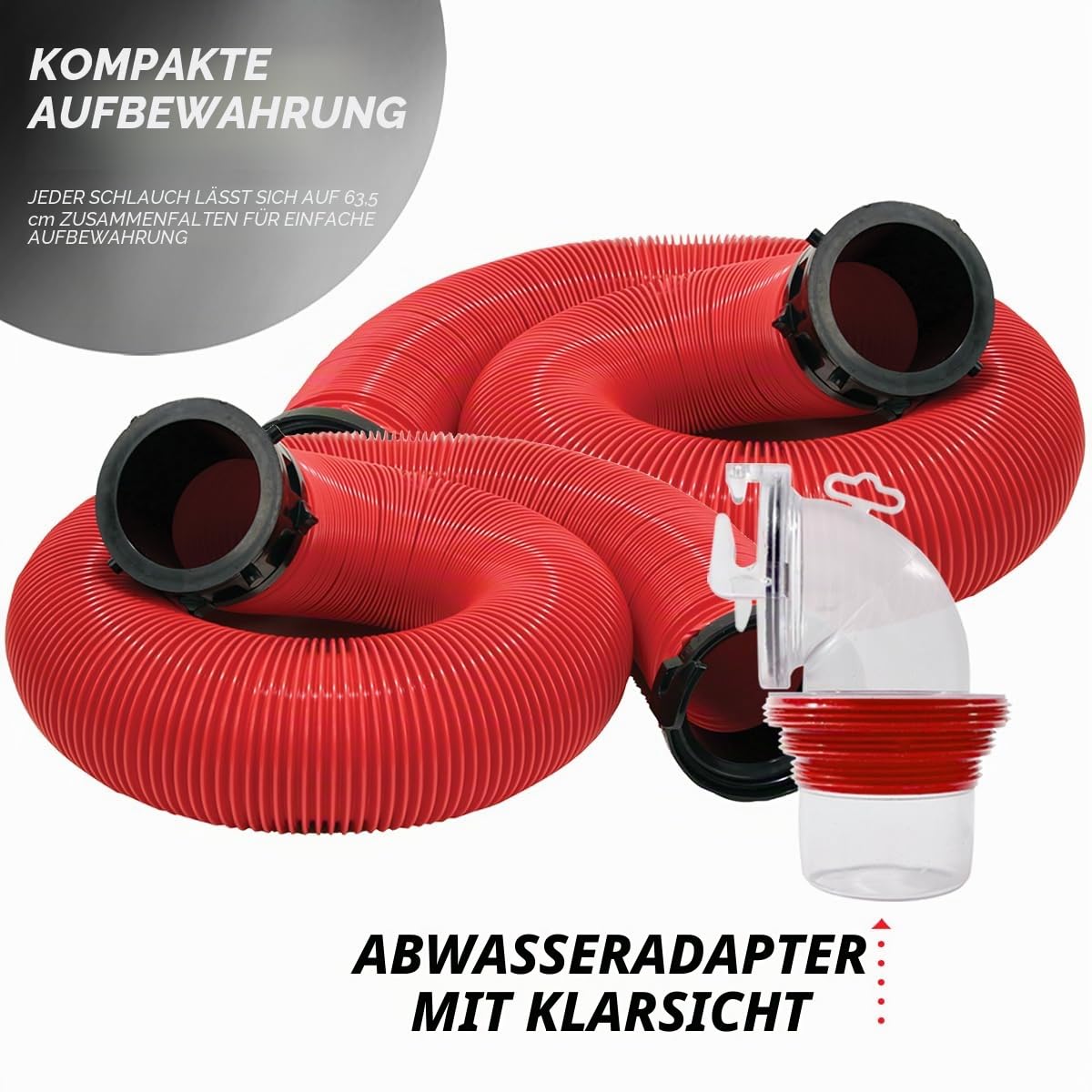 Valterra EZ-Kupplung, 6,8 m, Wohnmobil-Abwasserschlauch-Set, Abwasserschlauch für Wohnmobil, inkl. 2 aufsteckbaren 3 m Langen Schläuchen mit drehbaren Armaturen und 90 Grad Clearview Abwasseradapter