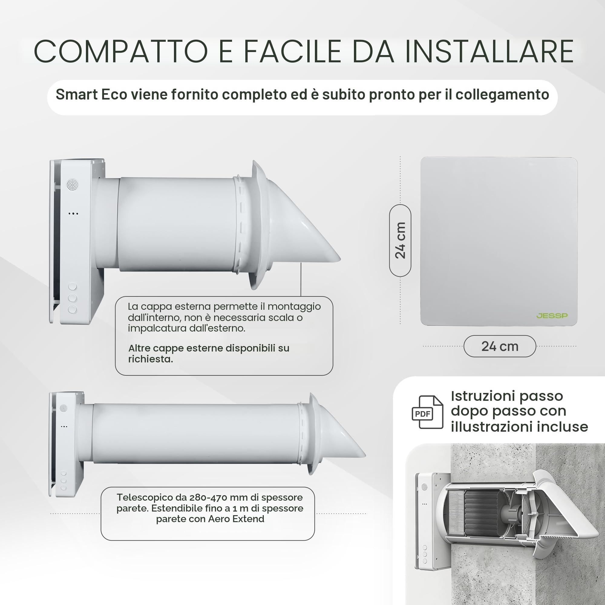 Ventilazione ambiente decentralizzata con recupero di calore, filtro F7 e WiFi. Recupero calore 97%, controllo umidità, serranda motorizzata. Diametro=160mm
