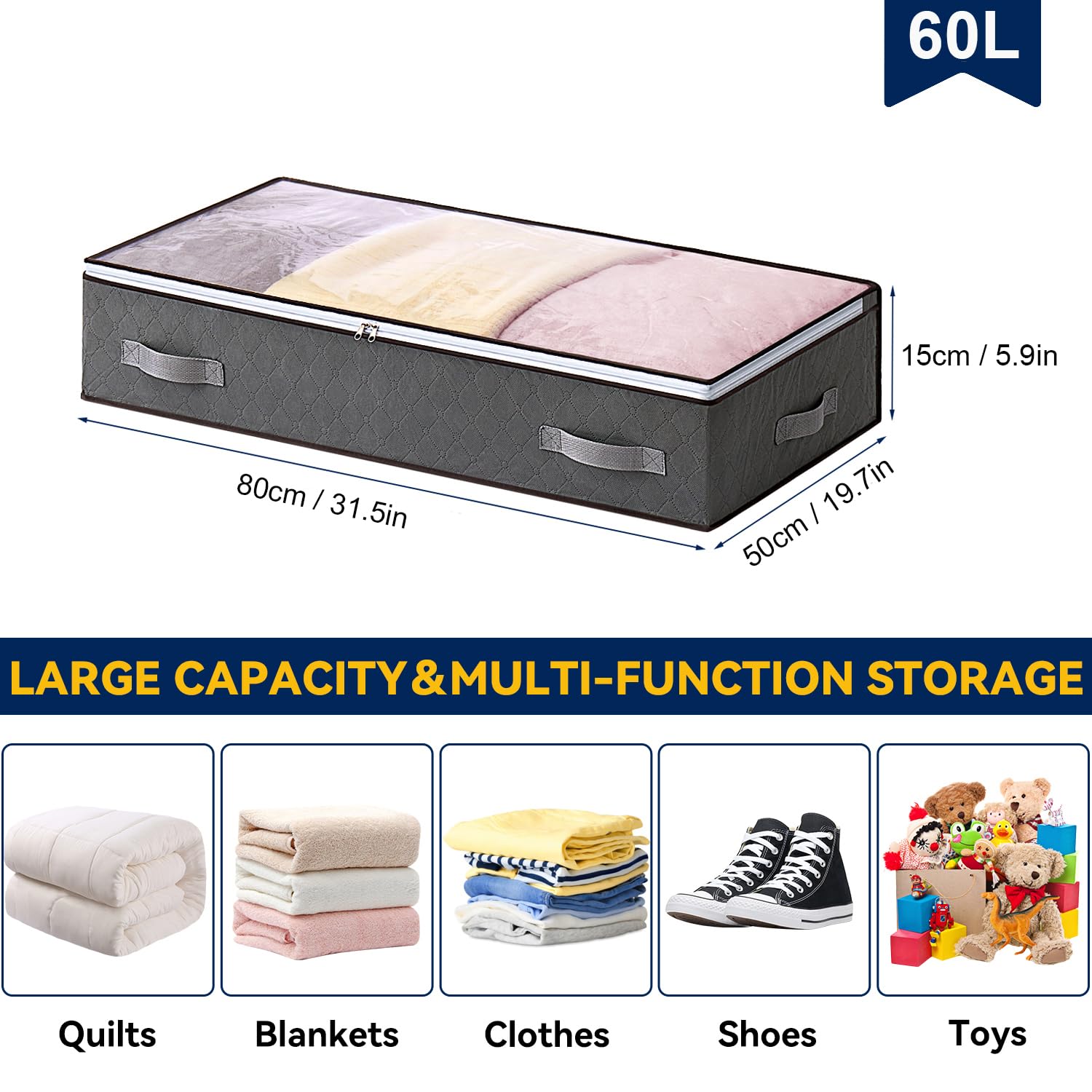 AIOR 2 Piezas 60L Bolsas Almacenaje Ropa Debajo de la Cama, Cajas Almacenaje de Gran Capacidad con Ventana Transparente, Cama Organizador Armario para Mantas Edredones, 80x50x15cm