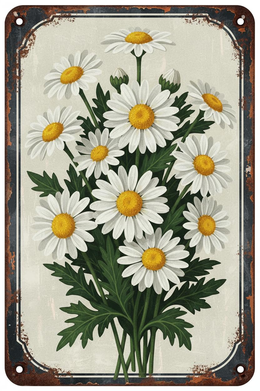 White Daisy Flower Retro Tin Sign, 8x12 Inch Wall Decor