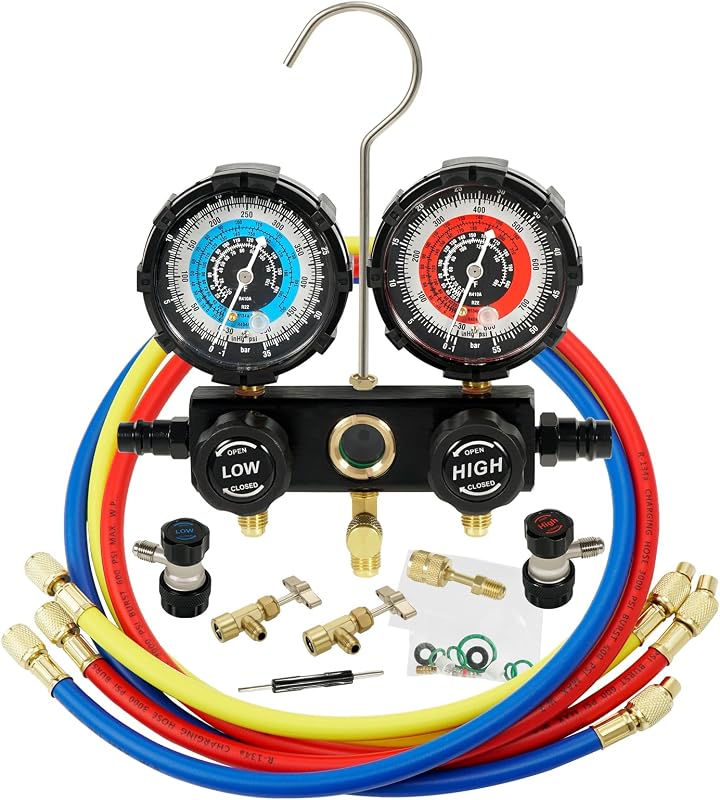 PB Motor Tech 3 Way Manifold Gauge for R134A R410A R22 R404A, Black | With Aluminum Valve Body, Quick Couplers, 410 Adapter, Two Can Taps, Valve Core Tool, For Automotive / Household AC