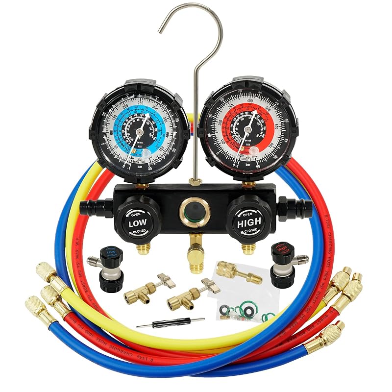 Kit Manifold de 3 Vias para Ar-Condicionado R134A R410A R22 R404A PB Motor Tech BMT com Mangueiras e Adaptadores
