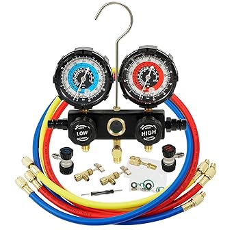 PB Motor Tech 3 Way AC Manifold Gauge Set for R134A, R410A, R22, R404A Refrigerants, with Aluminium Valve, Quick Couplers, 410 Adapter, Two Can Taps, Hoses, for Automotive AC Maintenance Black