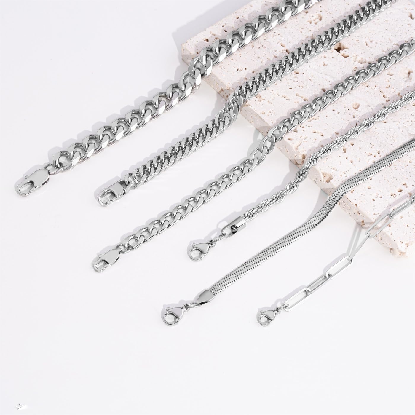 YATOJUZI 6 Pcs Stainless Steel Bracelets for Men Bracelets for Men Cuban Link Bracelet Rope Paperclip Snake Chain Bracelet Set 7.5/8.3/9 Inches Mens Metal Accessories - Image 7