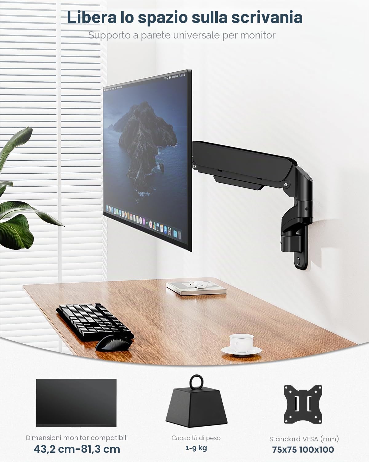 WORLDLIFT Supporto Monitor Muro da Parete per PC e TV – per Schermi 17-32 Pollici - Braccio Singolo con Molla a Gas Ergonomico Regolabile, VESA 75x75, 100x100 mm, 8 kg