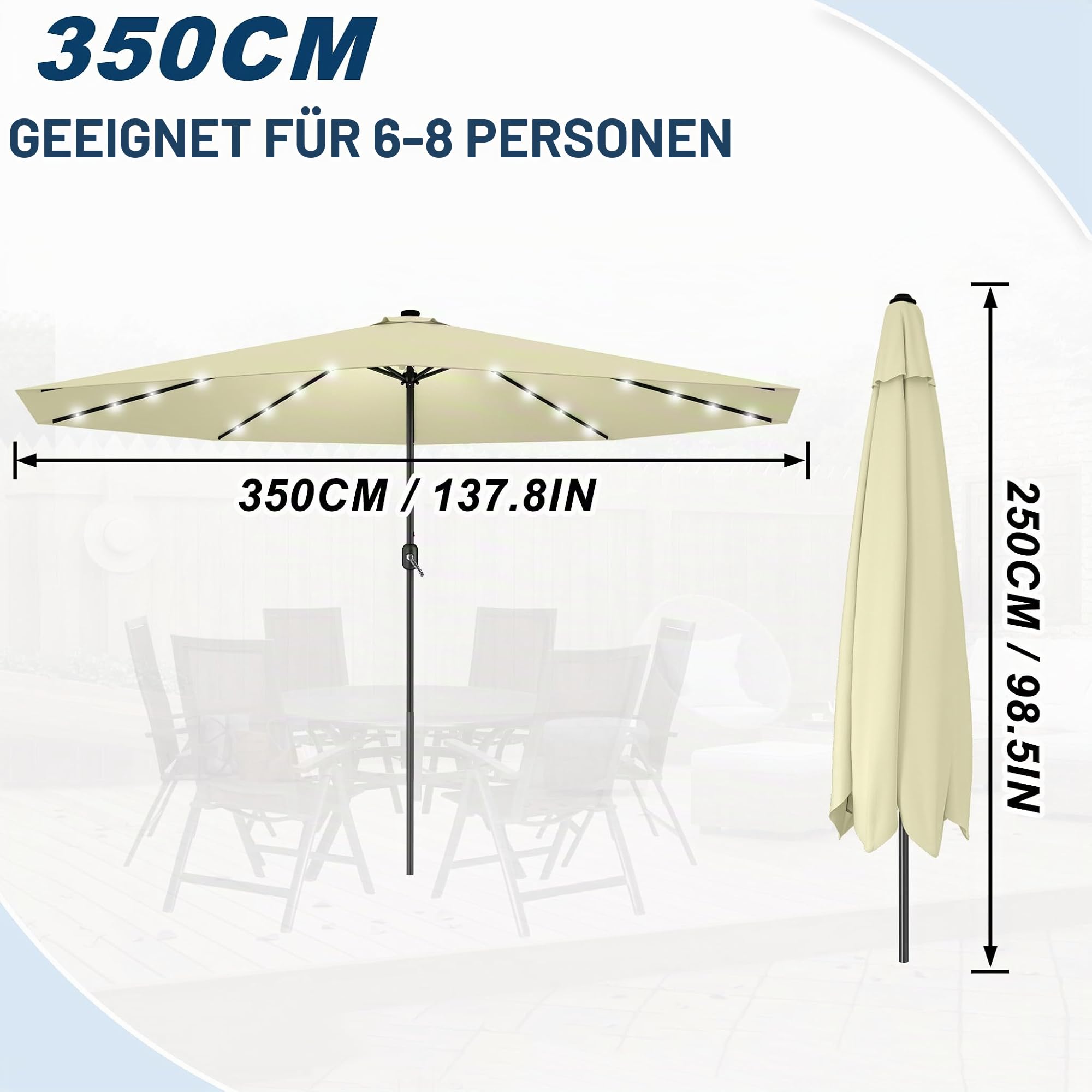 LZQ Sonnenschirm Balkon Ø 350cm Gartenschirm mit Solar LED Beleuchtung Alu Marktschirm mit Handkurbel Strandschirm Rund Terrassenschirm Wasserabweisende UPF 40+(Beige, Winkel Nicht Verstellbar)