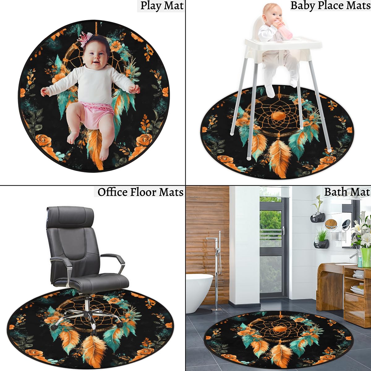Orangefarbener Traumfänger-Teppich, Boho-Blumenmuster, rund, waschbar, Gaming-Teppich für Schlafzimmer, Wohnzimmer, Arbeitszimmer, Bodenmatte, 160 cm