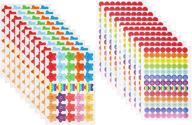 20 Sheet 1390 Pcs Happy Face Stickers and Star Stickers,Reward Stickers for Teachers Children Parents Kids Craft Scrap Books Decoration
