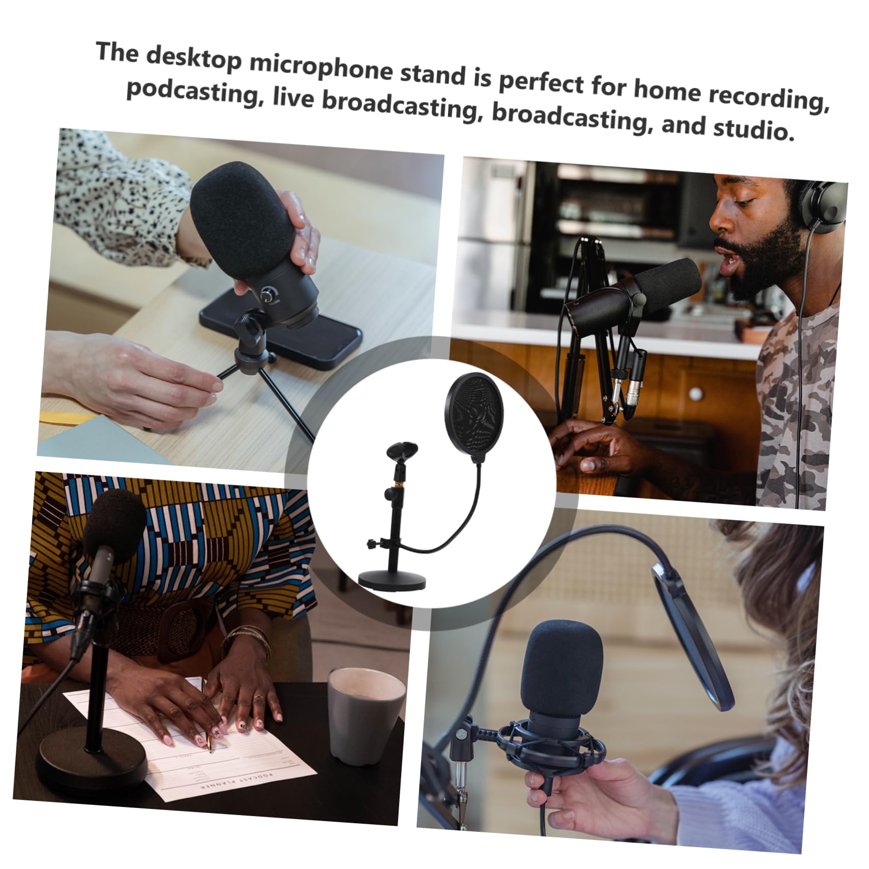 Supporto Microfono da Tavolo Regolabile Nero, Base Tonda | Metallo e Plastica, per Podcasting e Live Broadcasting, Stabilità e Altezza Adattabile