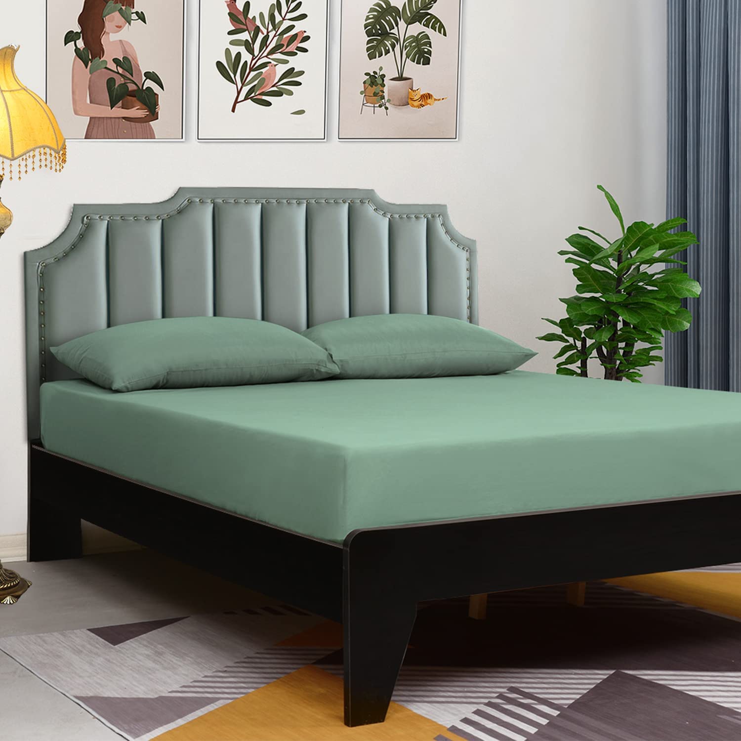 Lirex Lenzuolo Piatto, 150 x 200 cm 100% Cotone 300 Fili Morbido Traspirante Fitted Sheet, Verde Chiaro