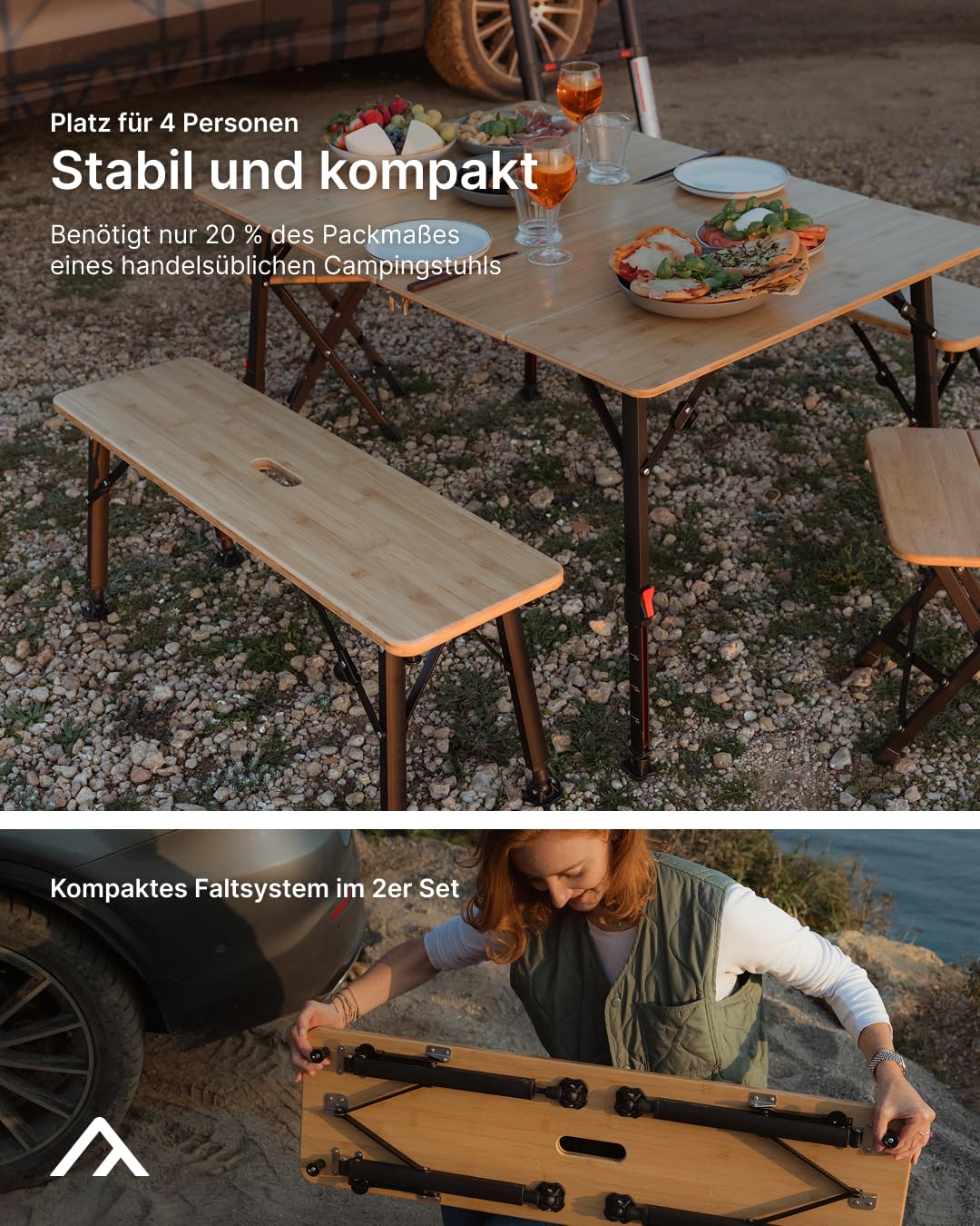 qeedo Benny 2er Set Camping Sitzbank aus robustem Bambus - 98 x 40 x 43 cm, Campingbank klappbar, Bierbank, Bierzeltbank, Balkonmöbel, Garten