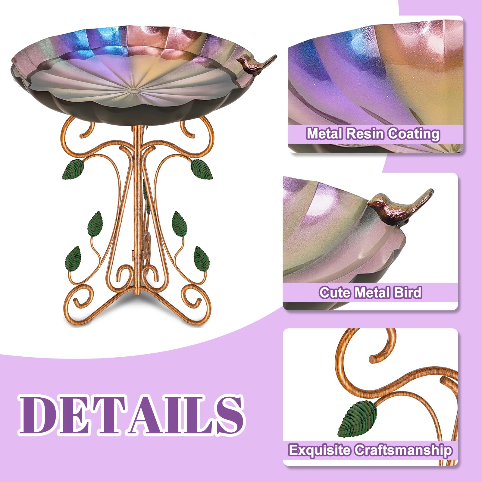 Bañera de Metal Vintage para pájaros al Aire Libre diámetro 33 cm Cuenco de baño para pájaros con Pedestal de Hierro Fundido, comedero Grande Antiguo para pájaros con asa Plegable para jardín, Patio