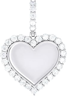 14K White Gold Look 925 Sterling Silver Round Moissanite Heart Memory Picture Frame Charm Pendant Women's Fine Jewelry