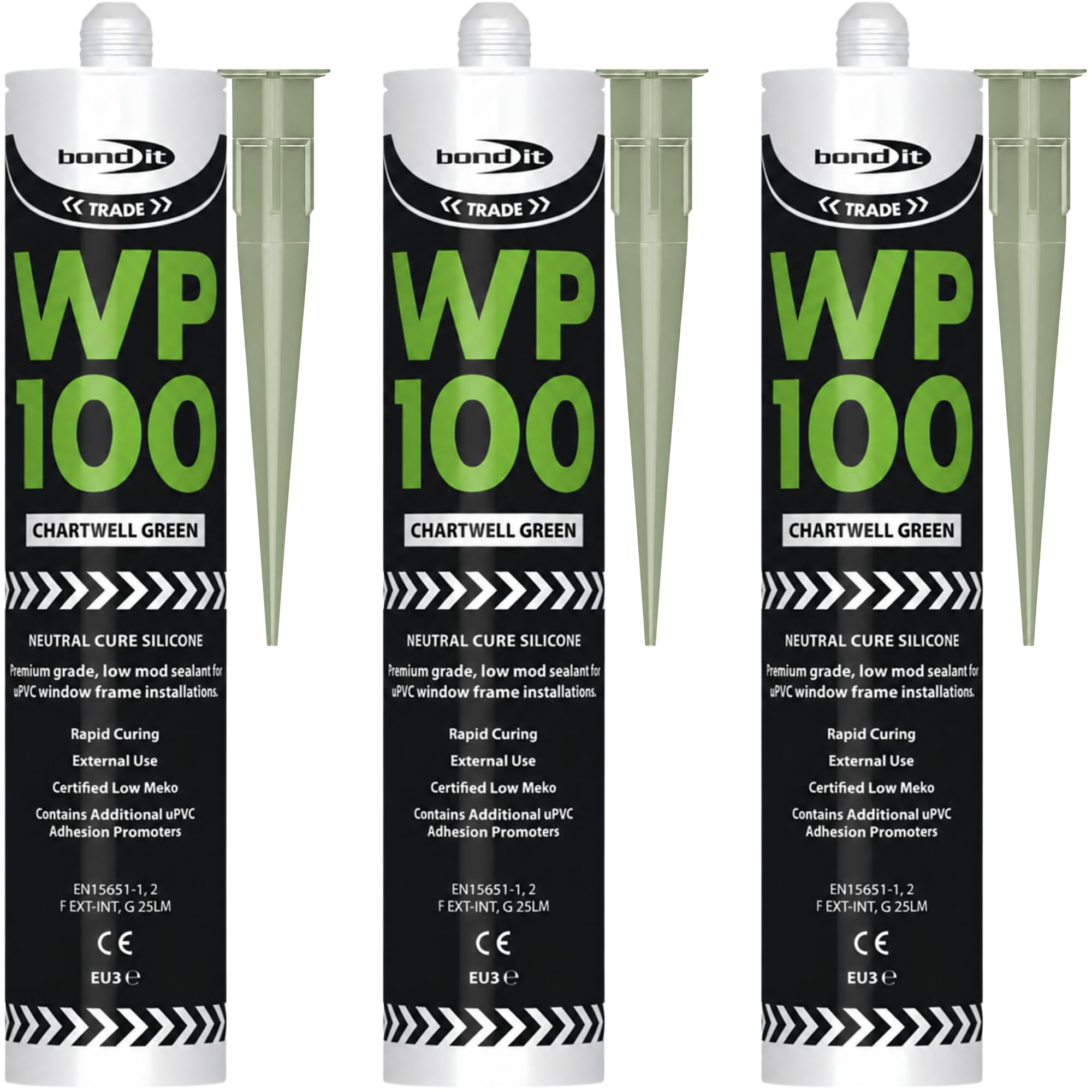 Bond It WP100 Chartwell Green Silicone Sealant Neutral Cure Oxime 3 Pack (285ml Each) – External Window & Door Sealant, Waterproof Exterior Silicone Sealant for uPVC Frames, Building & Construction