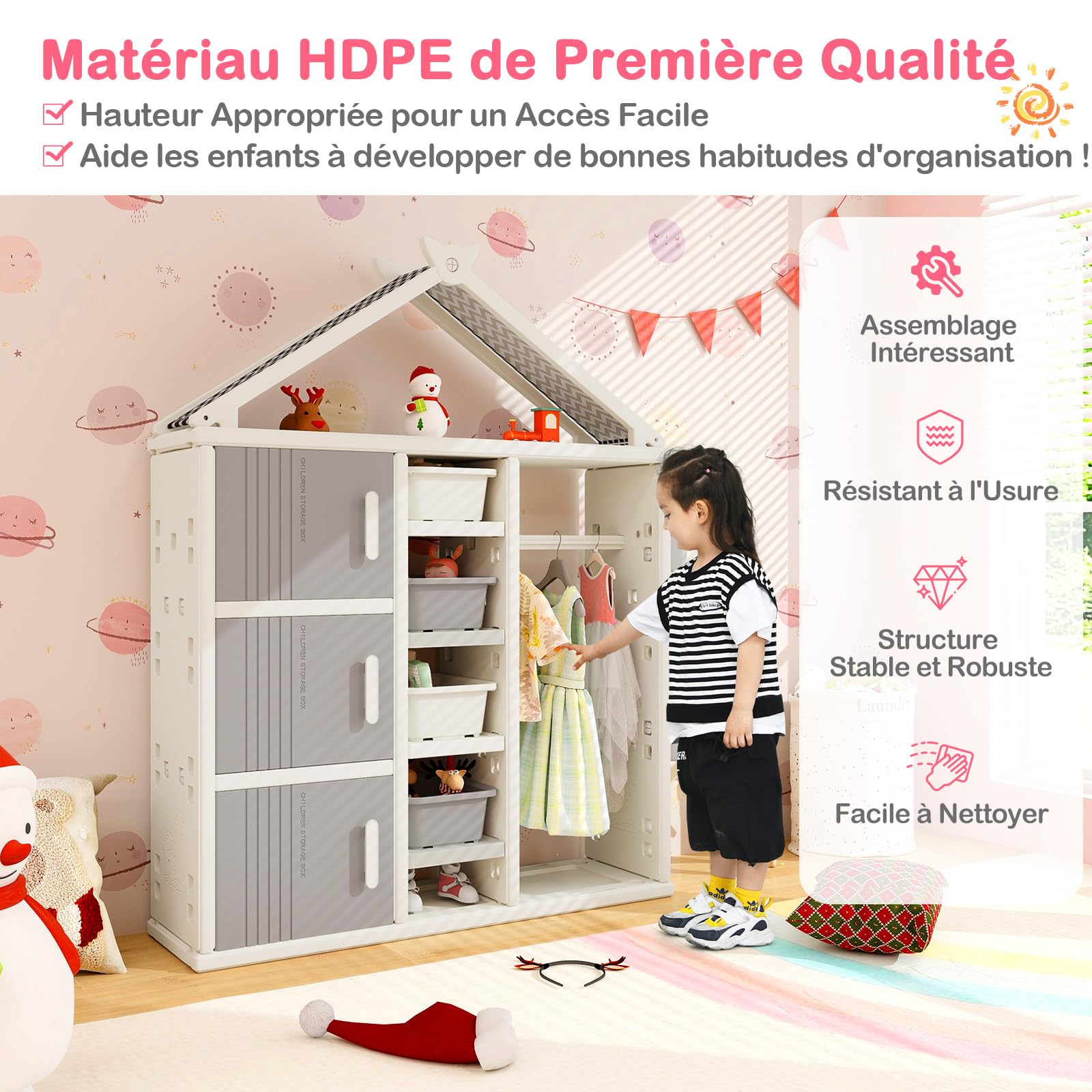 GOPLUS - Armario para ropa infantil grande con forma de casa, con barra de suspensión, 5 estantes, 3 cestas ajustables en altura, 123 x 34 x 156 cm (gris)