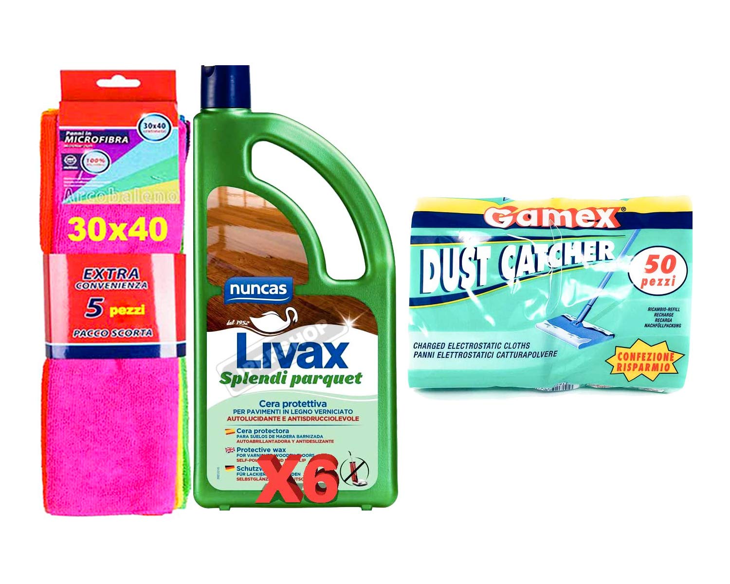 NUNCAS SET 6 PEZZI LIVAX SPLENDI PARQUET 1LT + GAMEX 50 panni elettrostatici cattura polvere + pacco scorta 5 panni microfibra 30x40cm