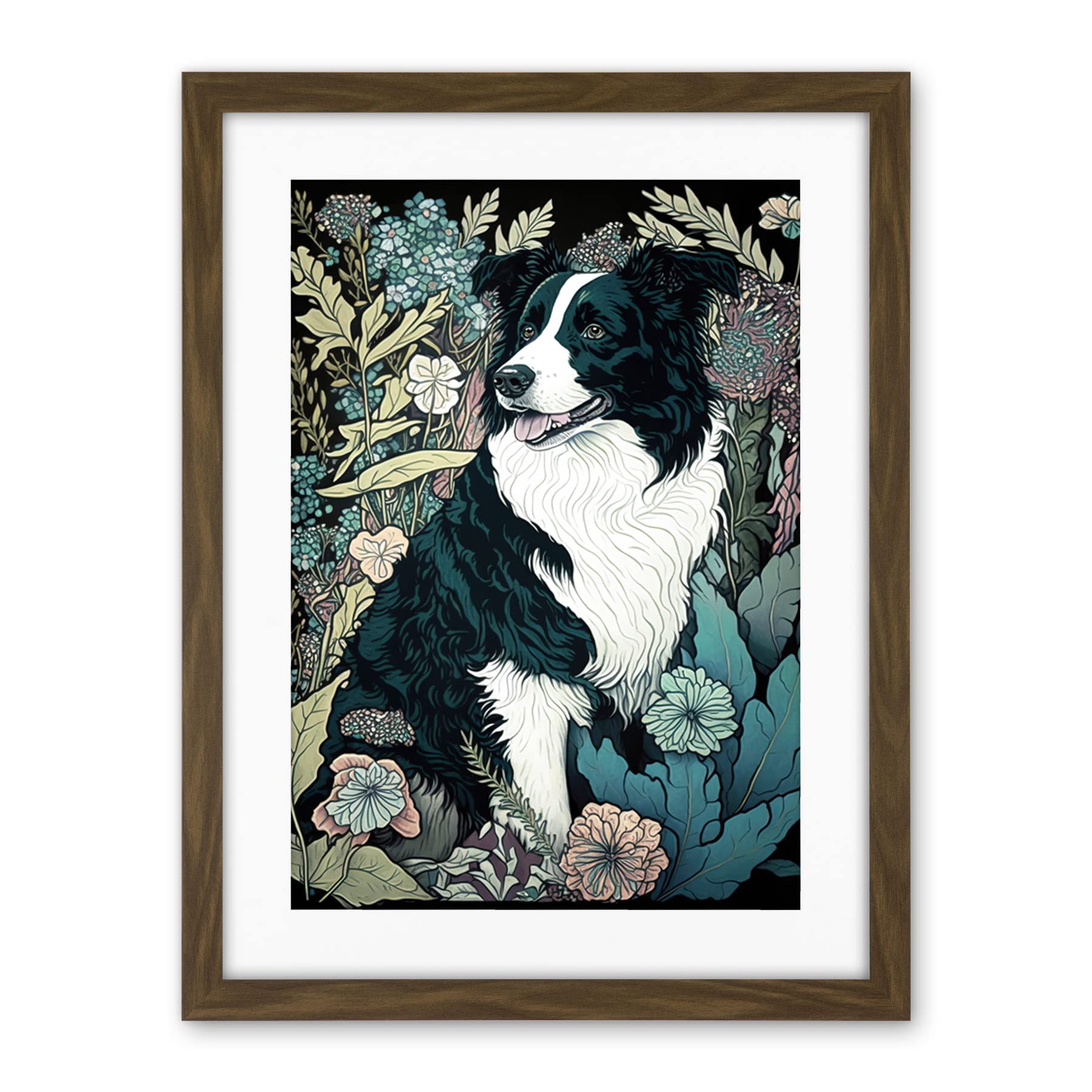 Artery8 Border Collie Dog in Wildflower Field Modern Illustration Artwork Framed Wall Art Print 18X24 Inch