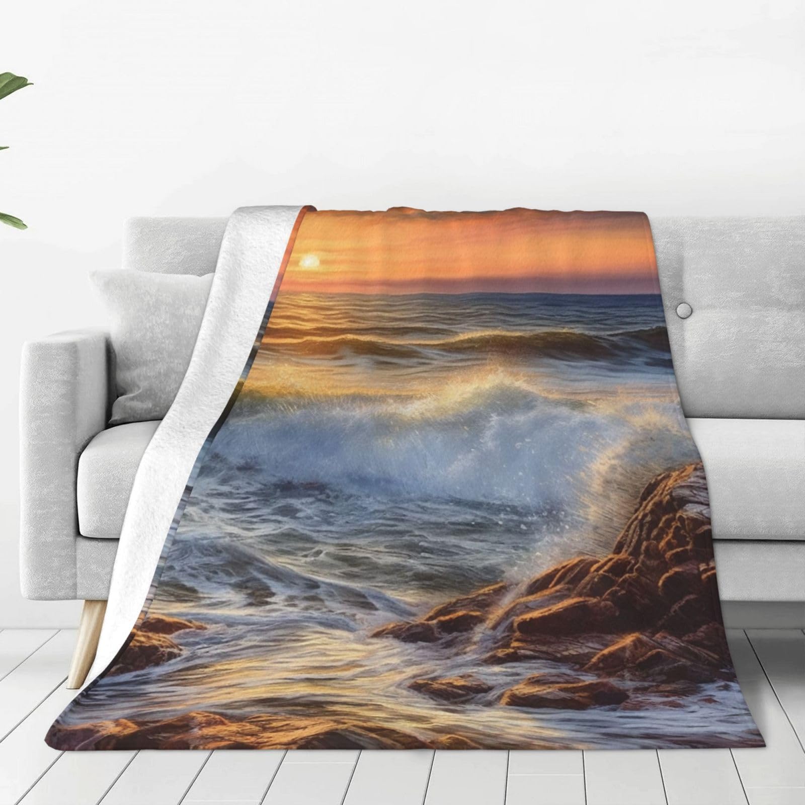Rocky Wave Sunset Painting Throw Blanket for Couch, Plush Fuzzy Soft Flannel Blankets and Throws for Sofa, 40"x30" Bed Blankets for Travel Camping Chair, All Season Warm Fleece Blanket