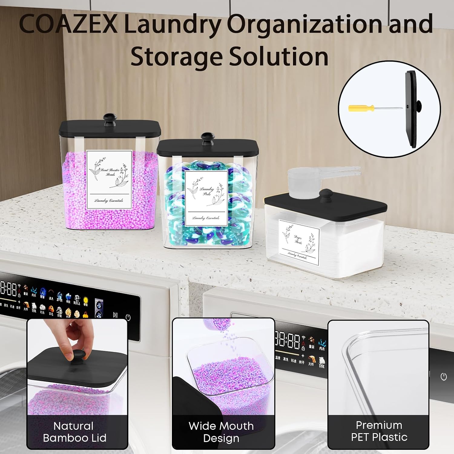 COAZEX 3 Pack Laundry Pods Containers & Dryer Sheet Holder, Black Lids image 3