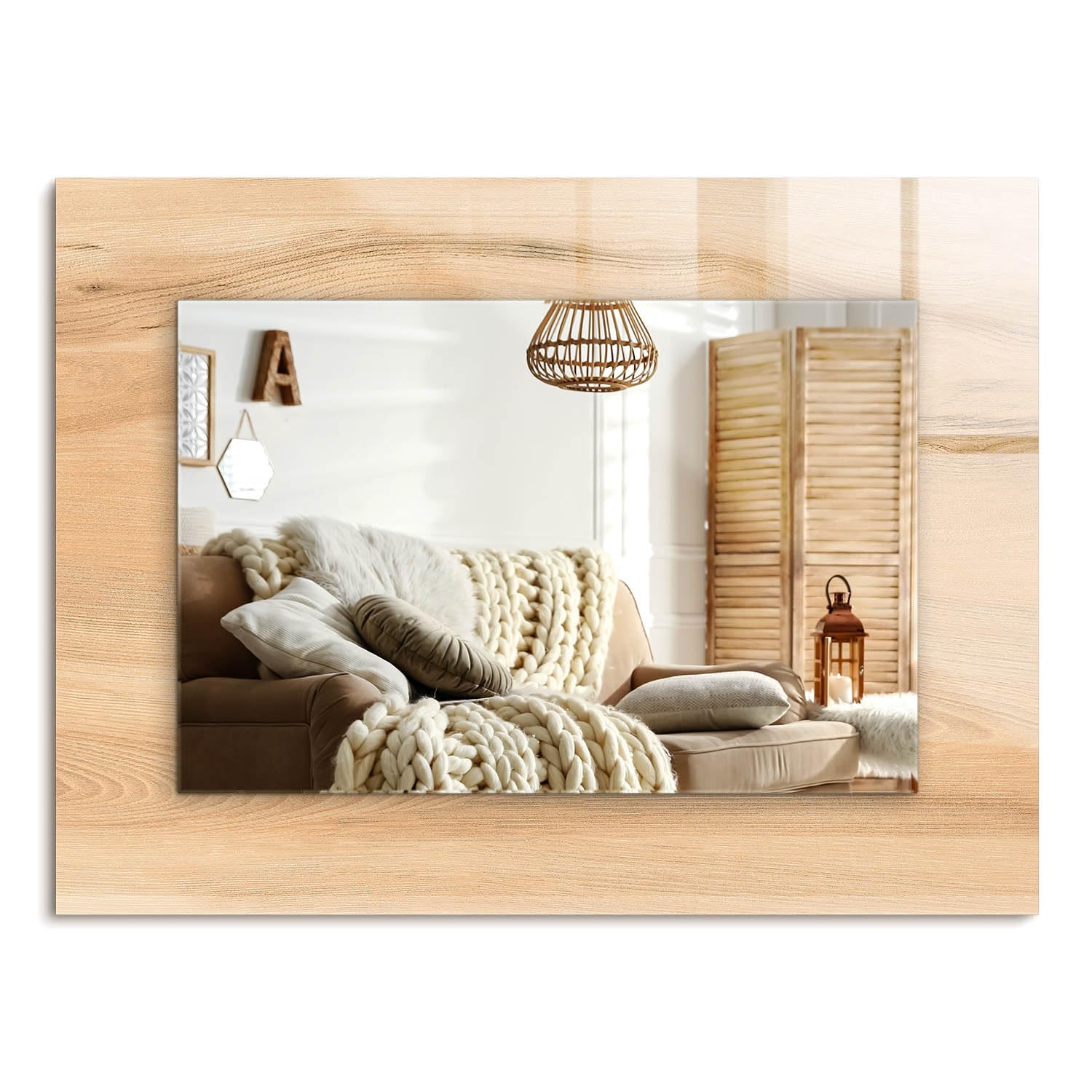 Prostokątne lustro ścienne, 80 x 60 cm, szklana rama z nadrukowaną krawędzią, elegancki akcent do każdego pomieszczenia, faktura drewnianej deski