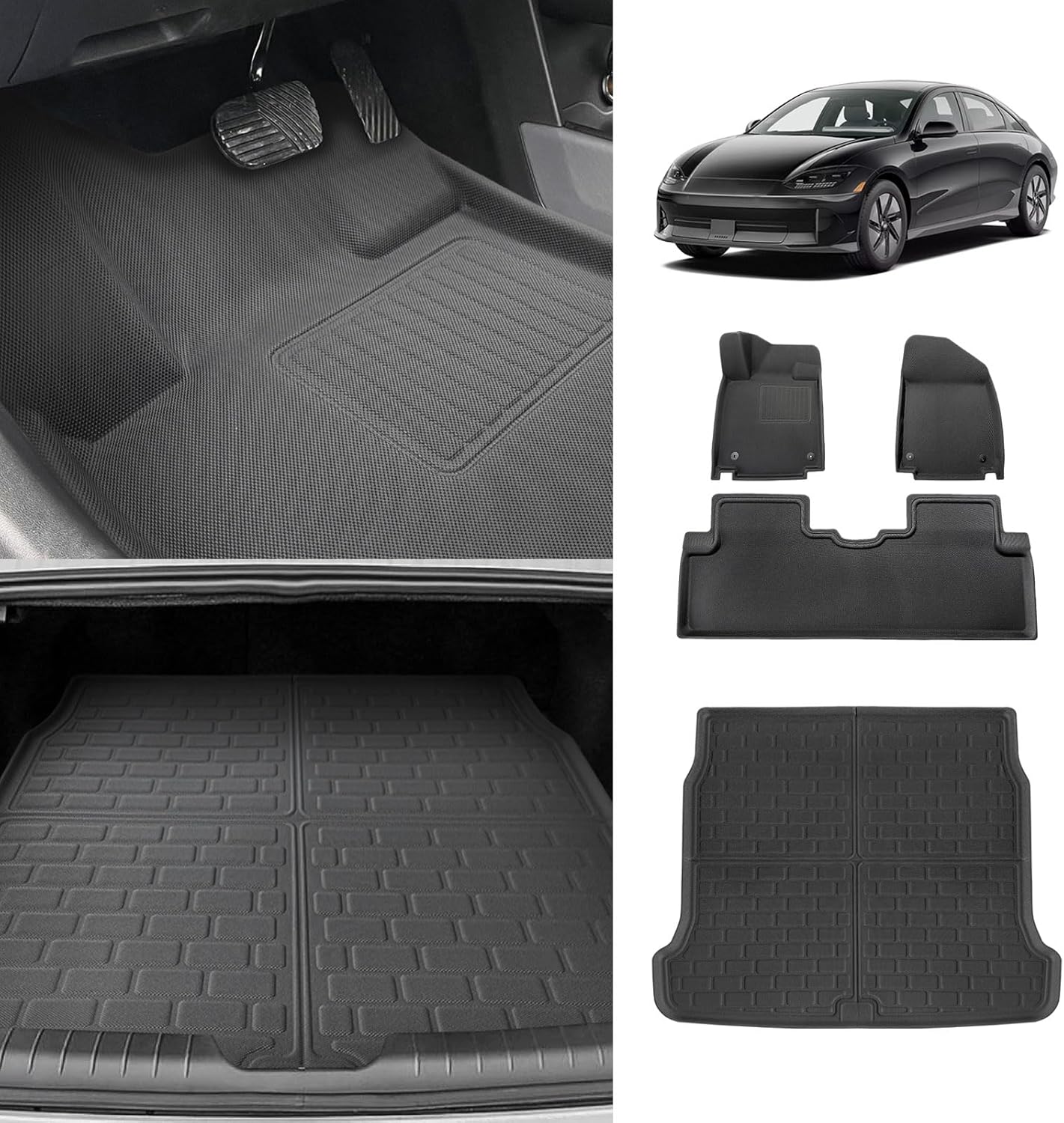 BestEvMod All Weather XPE Cargo Liner Compatible with Hyundai Ioniq6 Ioniq 6 2025 2024 2023 Accessories Floor Mats 1st & 2nd Rows Set Trunk Mat Liner 3D Pattern XPE Waterproof (Floor +Trunk Mat)