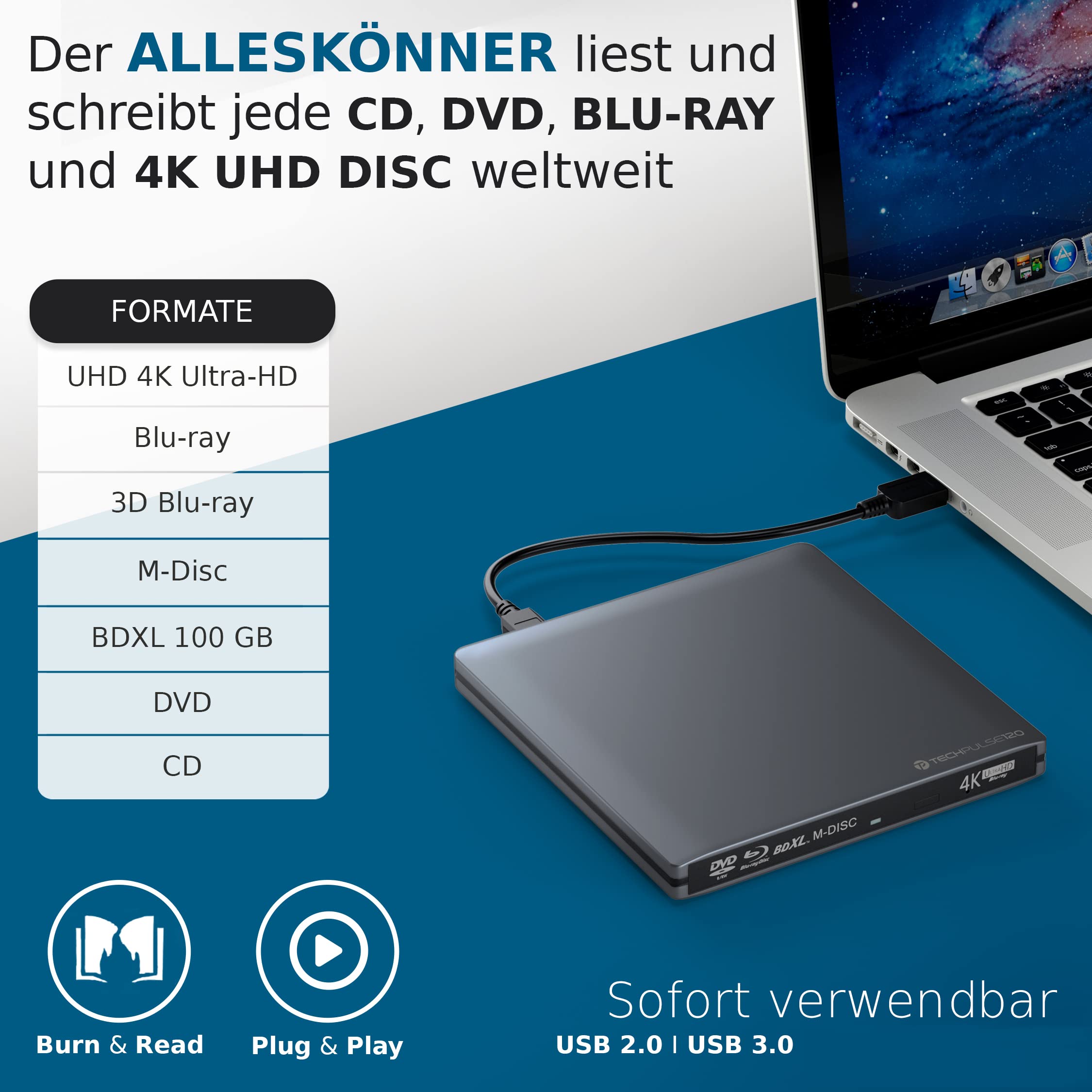 techPulse120 Grabadora de BLU-Ray USB 3.0, versión 3 Aluminium Gris aluminio / antracita