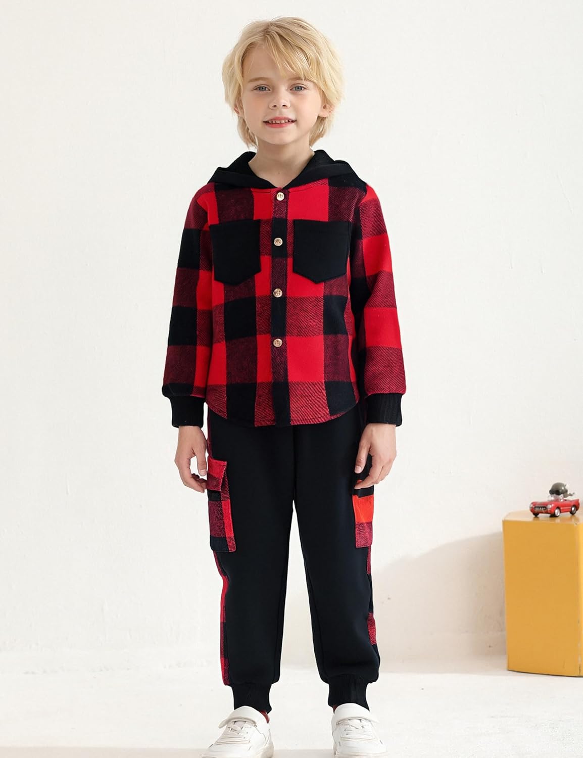 Boy Clothes Flannel Plaid Shirt Tops Pants Set Hoodie Sweatsuit+White T-shirt 3Pcs for Fall Winter Spring Outfits