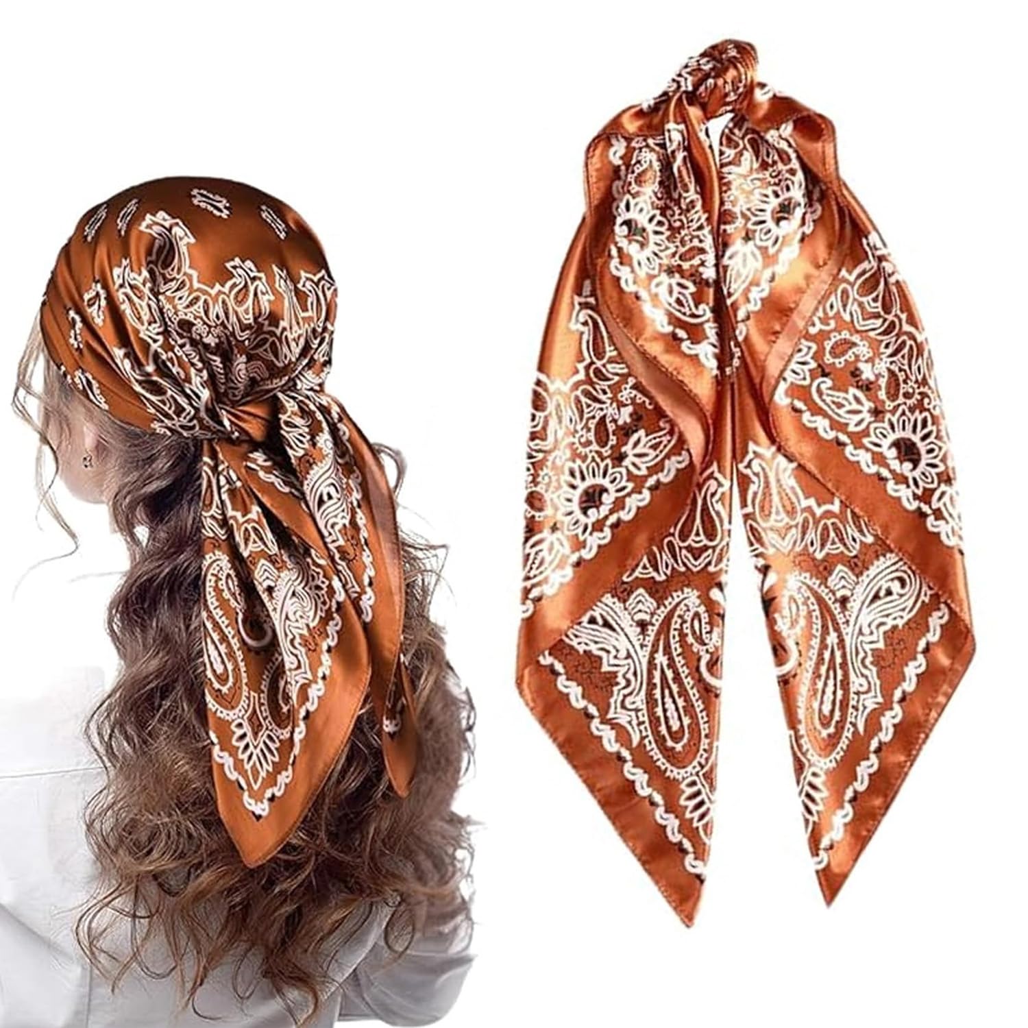 Silk Square Scarf for Women 90 x 90 cm Coffee Paisley Print Satin Scarf Hair Scarf for Women Fashion Bandana Head Scarf Neck Scarf Stylish Accessories for Travel Party Daily Wear-image-6