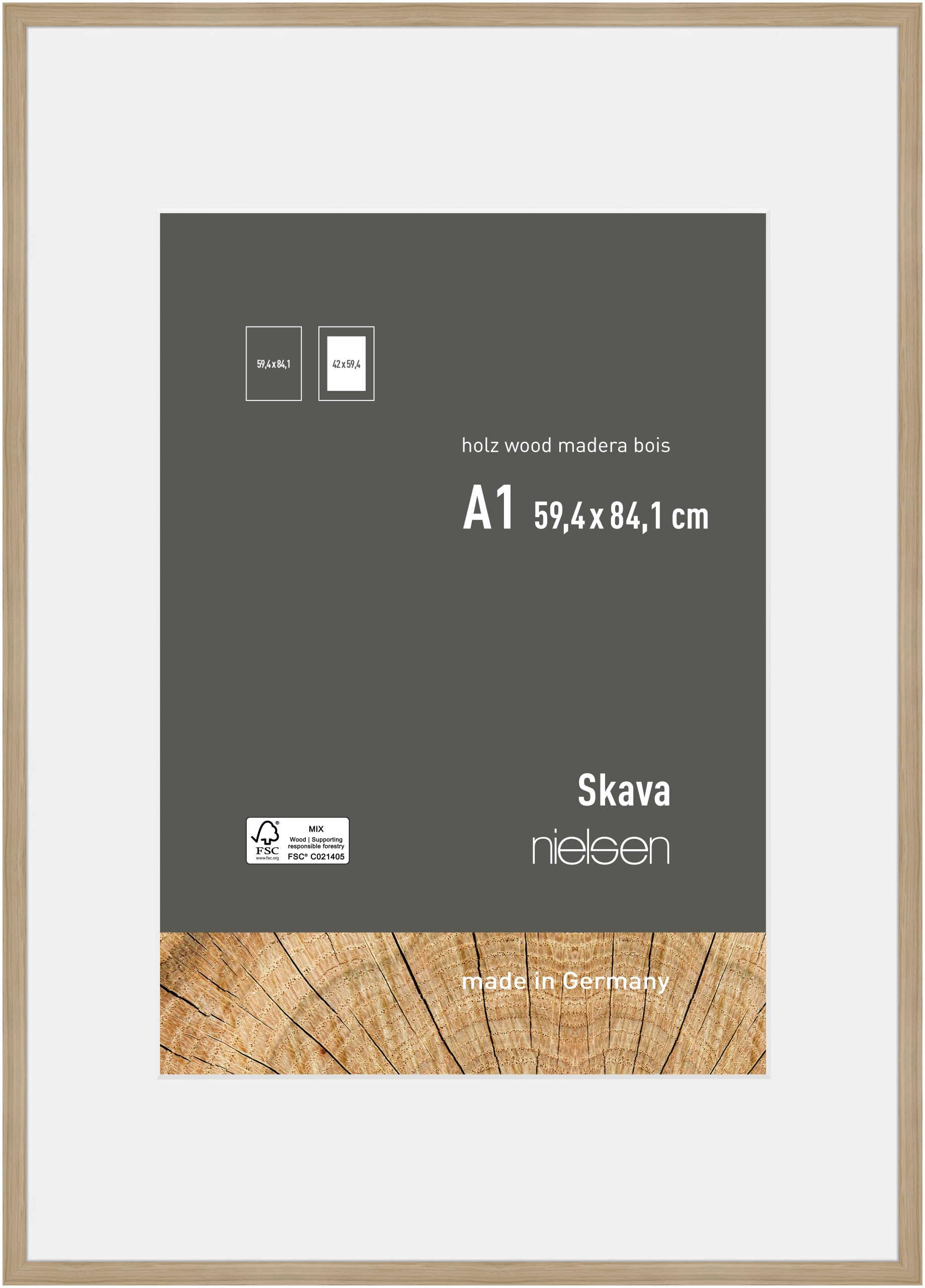 nielsen Skava Wooden Picture Frame - Oak A1, 59.4x84.1cm with White Mount to fit A2 photo - Float Glass and Easy Push-Turn Clips