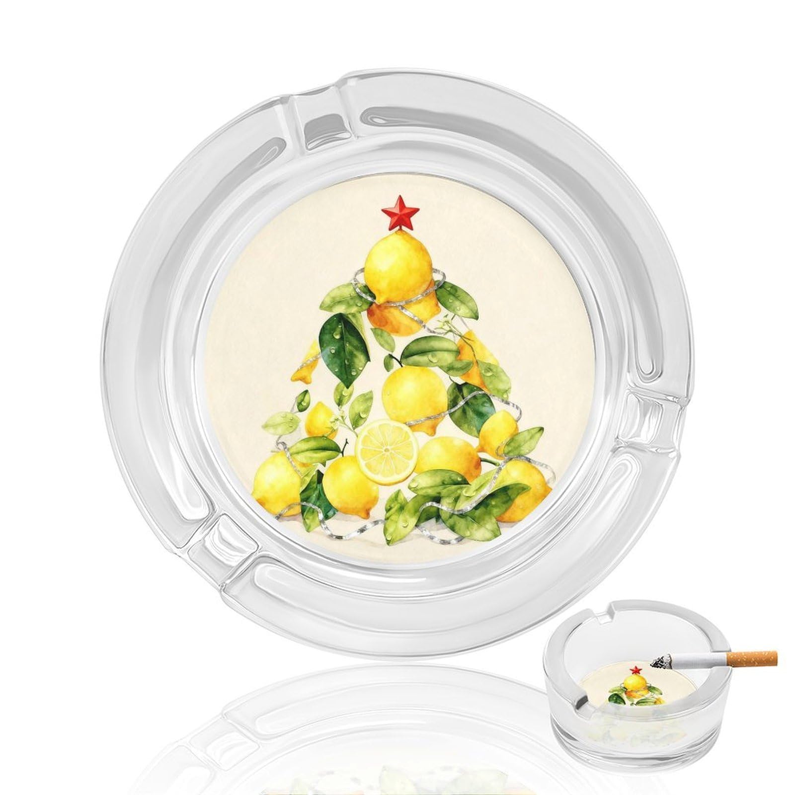 Cendrier en verre avec motif citronnier et ruban argenté pour la maison