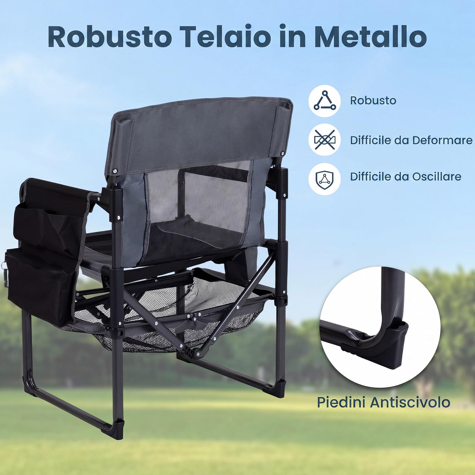 COSTWAY Sedia da Regista Pieghevole, Sedia da Campeggio in Metallo con Portabicchiere, Apribottiglie, Tasca Laterale e Rete Portaoggetti per Eventi Sportivi e Pesca, Portata 150 kg (Nero,1)