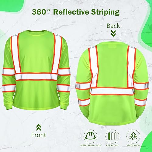 Miniatura 4 de Paquete de 6 camisetas de manga larga de seguridad, clase 3 de alta visibilidad con tiras reflectantes para trabajo topógrafo construcción