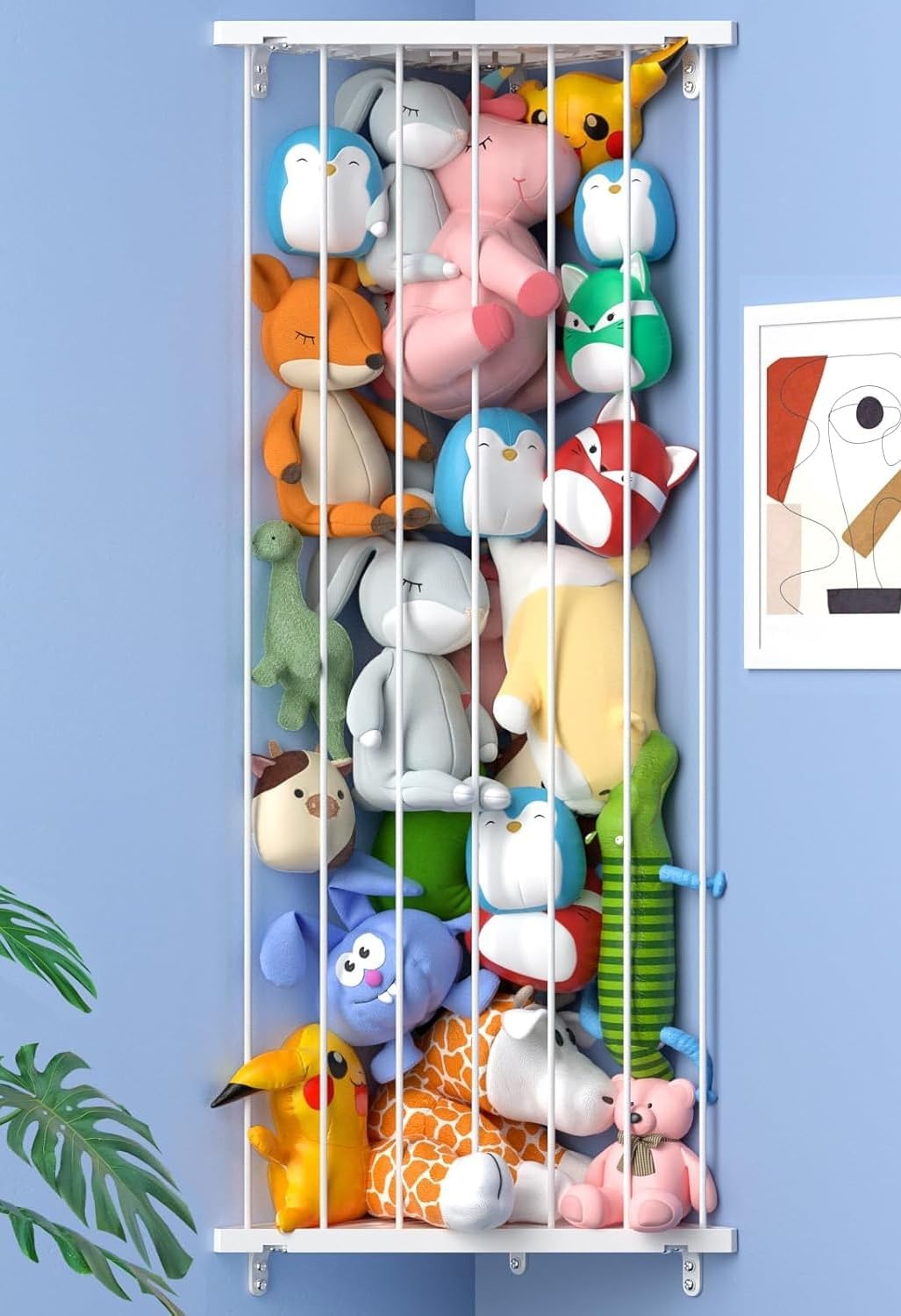 Corner Stuffed Animal Storage for Kids Room - Length Adjustable Wall Stuffed Animal Organizer - Plush Toy Holder Shelf for Nursery Playroom Bedroom (White)