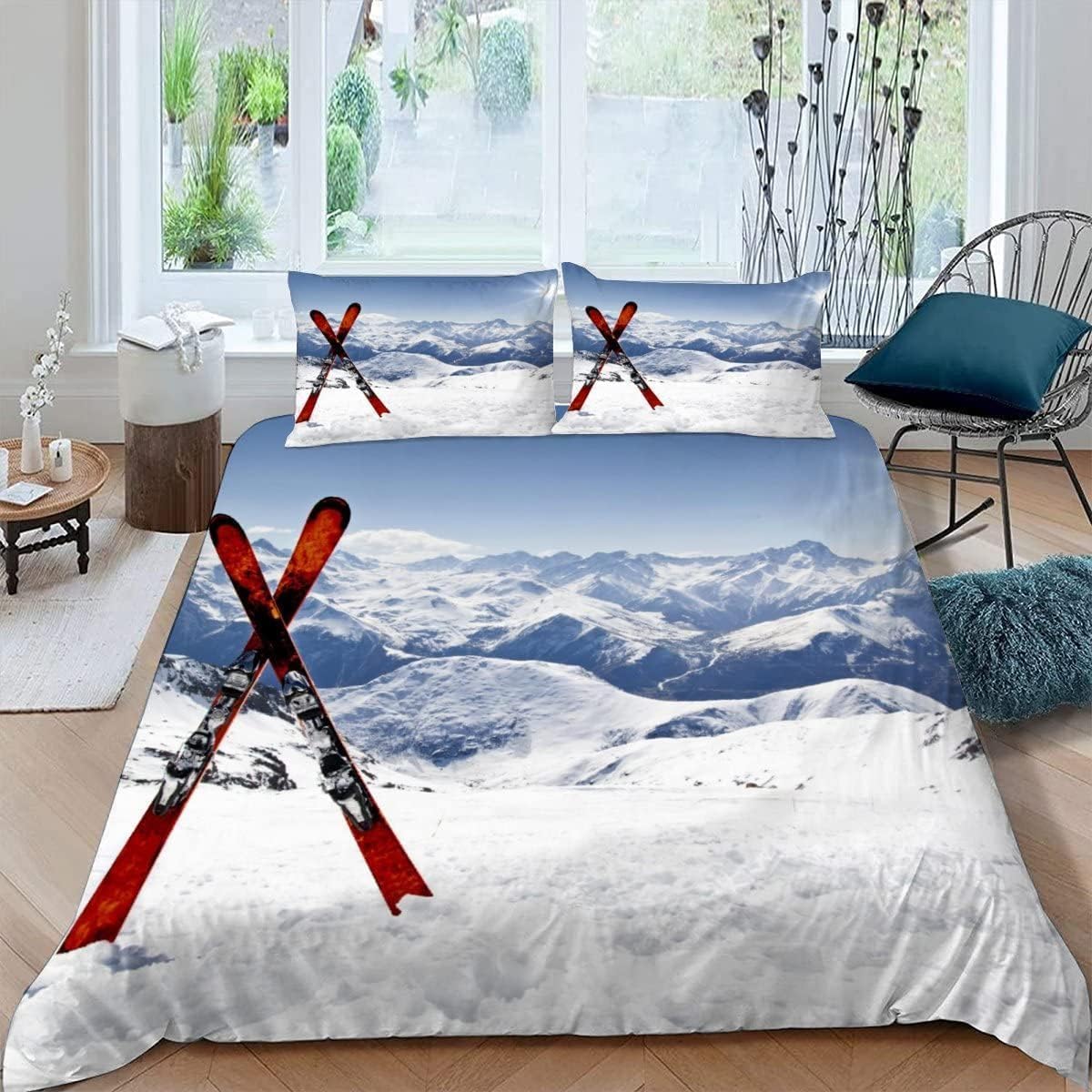 Poszewka na kołdrę z motywem narciarskim 225 x 225 cm narty poszewka na kołdrę 3 szt., nadruk sportowy 3D dwustronny zestaw pościeli ultramiękki szczotkowana mikrofibra zestaw pościeli dekoracja