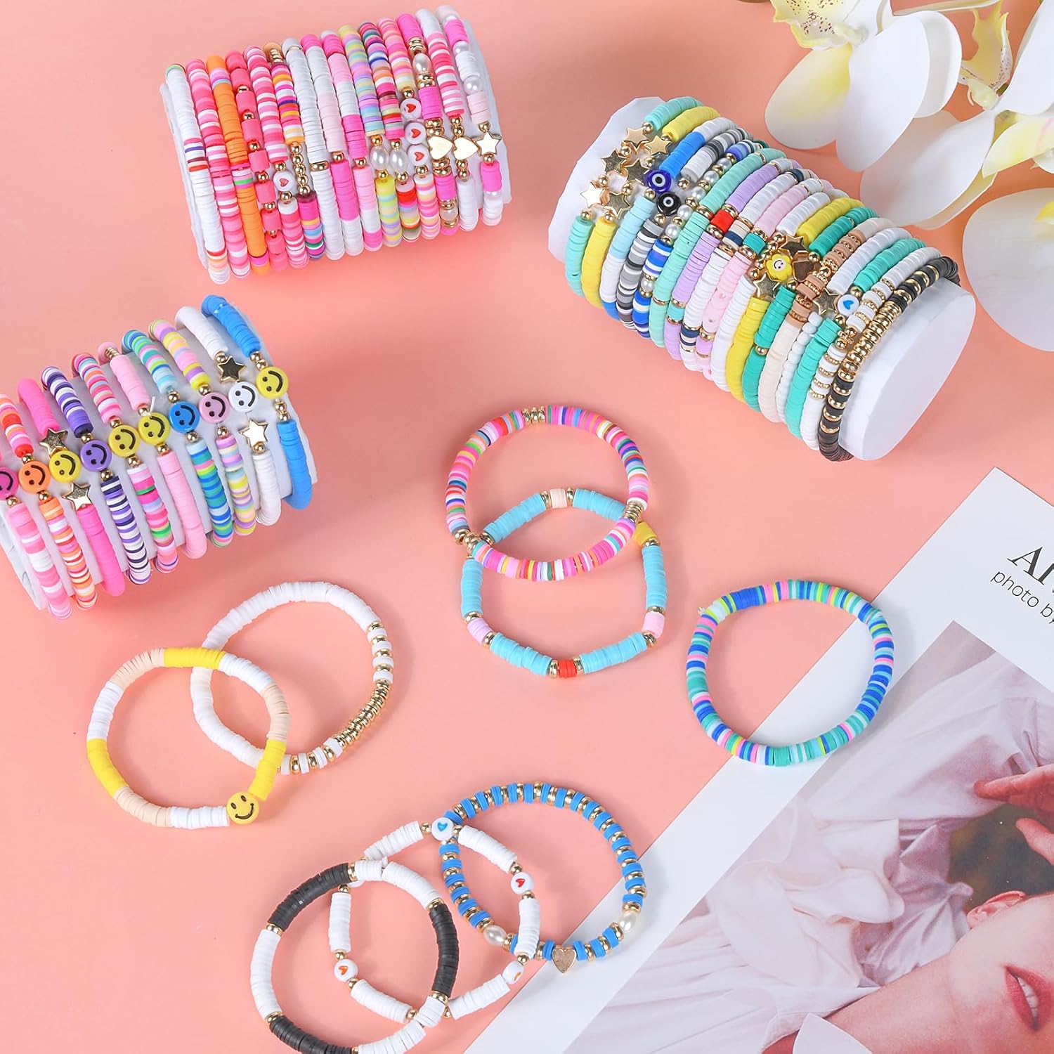 100 Pcs Friendship Bracelets for Women Bead Colorful Surfer Heishi Bracelet Set , Cute Clay Beaded Bulk Bracelets Stretch bracelets Clay for Women Stackable Bohemian Summer Beach Party, Graduation Party Favors, Birthday Gifts