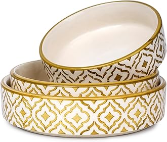 SEPARATE WAY Ceramic Bowls | Flat Deep Serving Bowl Set of 3 – 800ml, 600ml, 500ml | Glossy Moroccan Golden Finish | Ideal for Pasta, Salad, Snacks & More | Multipurpose Serving Bowl Ceramic Set
