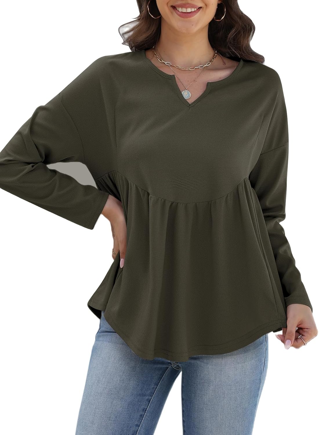 Women Waffle Knit Long Sleeve Shirt V Neck Babydoll Tunic Tops Fall Winter Casual Fashion Clothes - Image 2