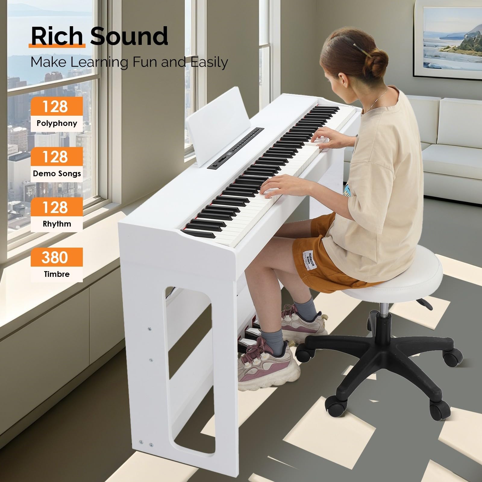 LALAHO E-Piano 88 tasti pesati, pianoforte digitale per principianti, tastiera piano con unità 3 pedali, MIDI-USB, doppio Bluetooth, altoparlanti stereo, 128 toni e ritmi, bianco