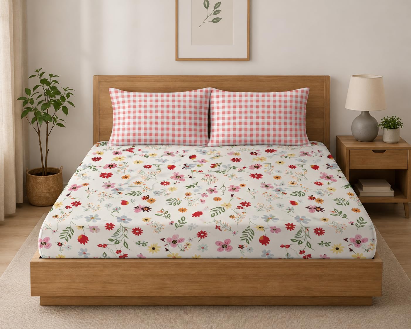 LOOMLYFE 300 TC Microfiber XXL Soft Cotton Super King Size Bedsheet for Double Bed, King Size 108 Inches X 108 Inches, 9 Feet, 275 X 275 cm with 2 Large Size Pillow Covers - RedPinkFlowers