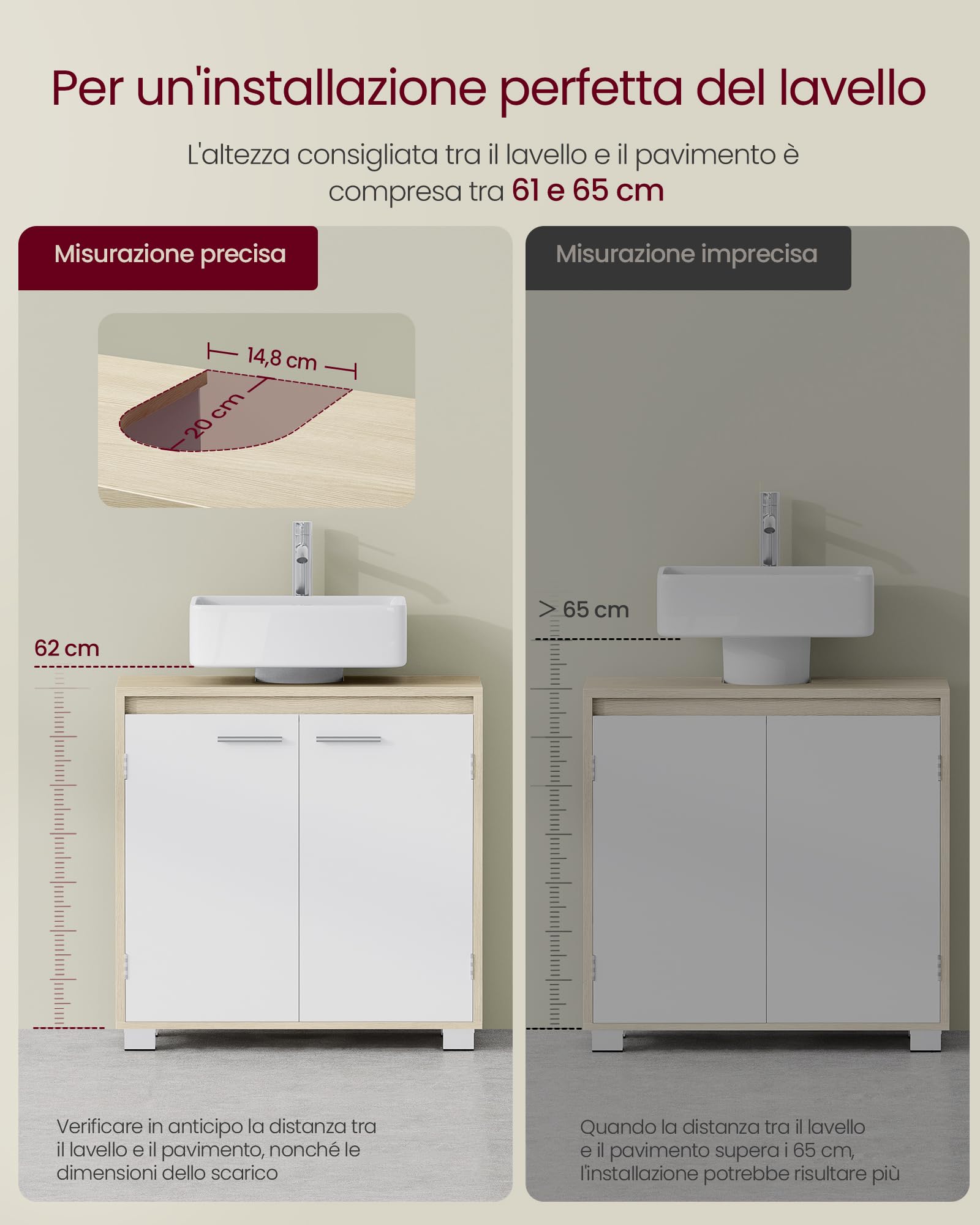 VASAGLE Mobile Sottolavabo, Mobile da Bagno, 2 Scomparti dietro le Ante, per Diversi Tipi di Lavabi, con Piedini, 30 x 60 x 60 cm, Beige Naturale e Bianco Nuvola BBK506L01