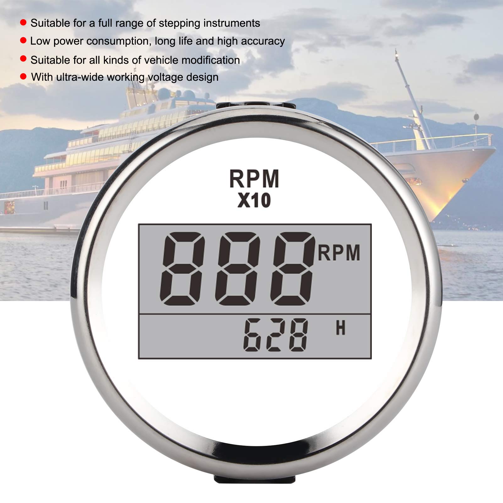 Tacómetro, 2.047 in, 2 pulgadas, 9990 RPM, tacómetro automotriz con luz de fondo roja, calibración de relación versátil para camión, tractor, coche, RV, barco (Cubierta plateada con esfera