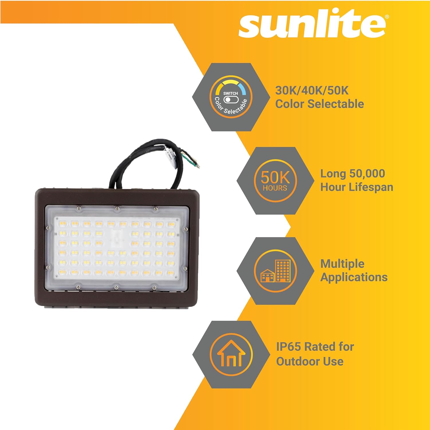 Sunlite 85514 LED Flood Light Outdoor Fixture, 50 Watts, 6250 Lumens, Selectable 30K/40K/50K Color, Dimmable, UL Listed, 100-277V, Bronze, for Residential & Commercial Use