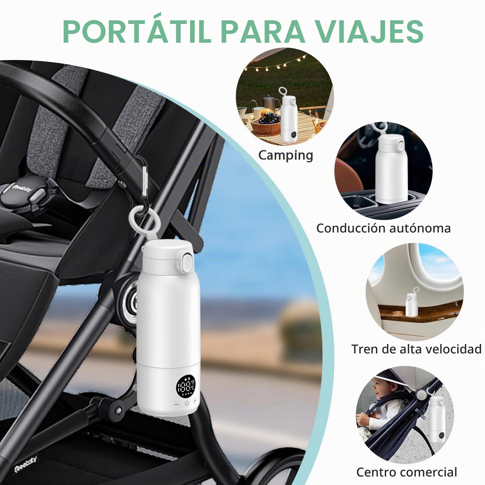 Calienta Biberones Portátil 500ml, Calentador de Leche para Bebes, Calentador Recargable de Leche, Control Preciso de la Temperatura 35℃-70℃, con Pantalla LCD, Carga Rápida USB-C(Blanco)